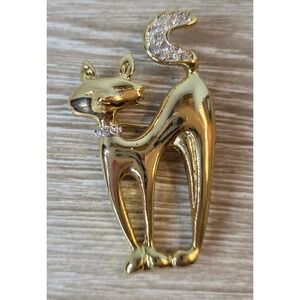 Vintage Shiny Gold Cat Brooch Clear Rhinestones Mid-century Figural Kitty